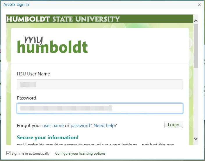 ArcGIS Sign In myHumboldt Username, password, forgot your user name or password? need help? Login button