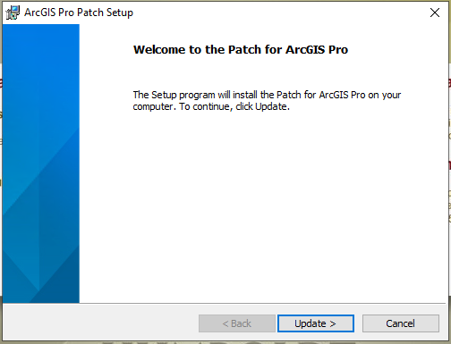 ArcGIS screen shot of the welcome dialog box for patch setup