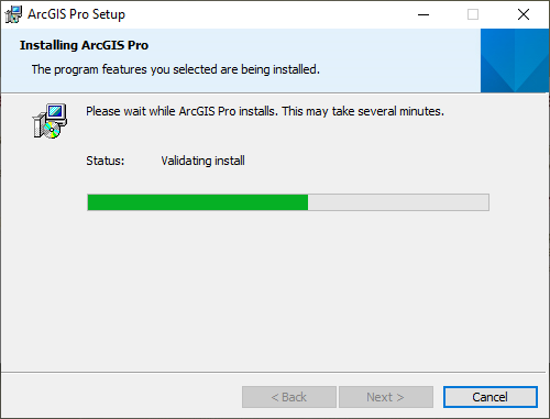 ArcGIS screen shot of Pro Setup dialog of Installing ArcGIS Pro with a status bar half way filled with green and a cancel button