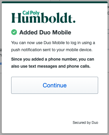 Duo prompt confirming a user has registered their device