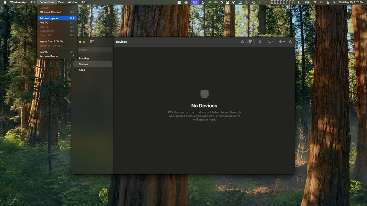 desktop show fo the connections pull down menu