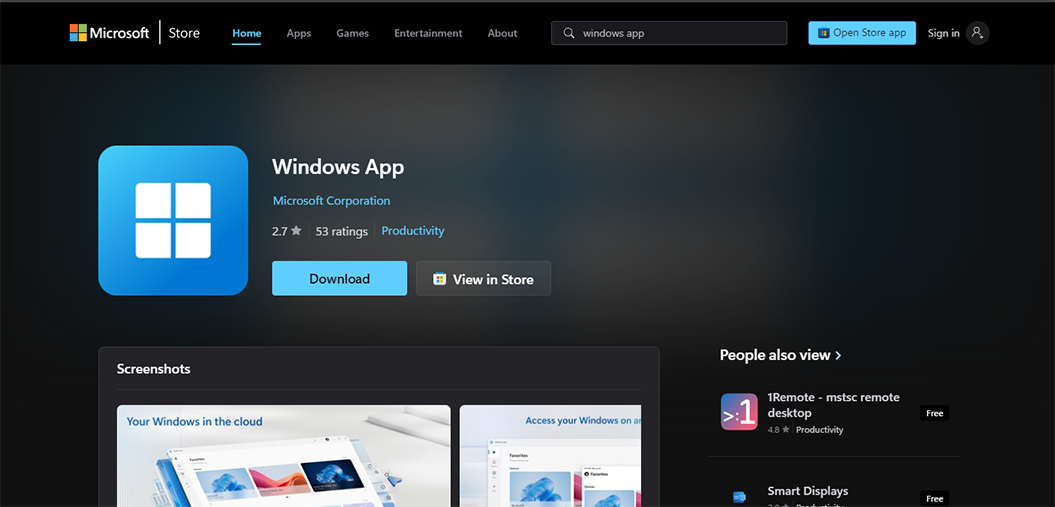 screenshot of the windows app