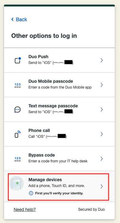 Duo other options prompt to manage devices