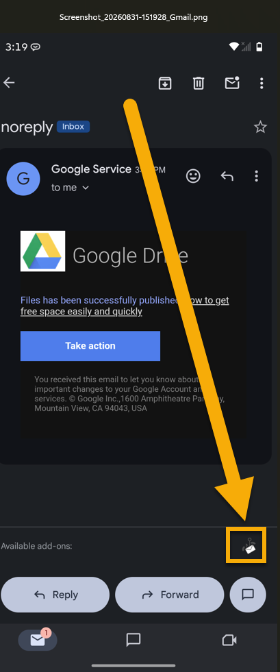 A screenshot of gmail open on Android. A yellow arrow points to the 'Report Suspicious' button in the bottom right corner in the 'available add-ons' section.