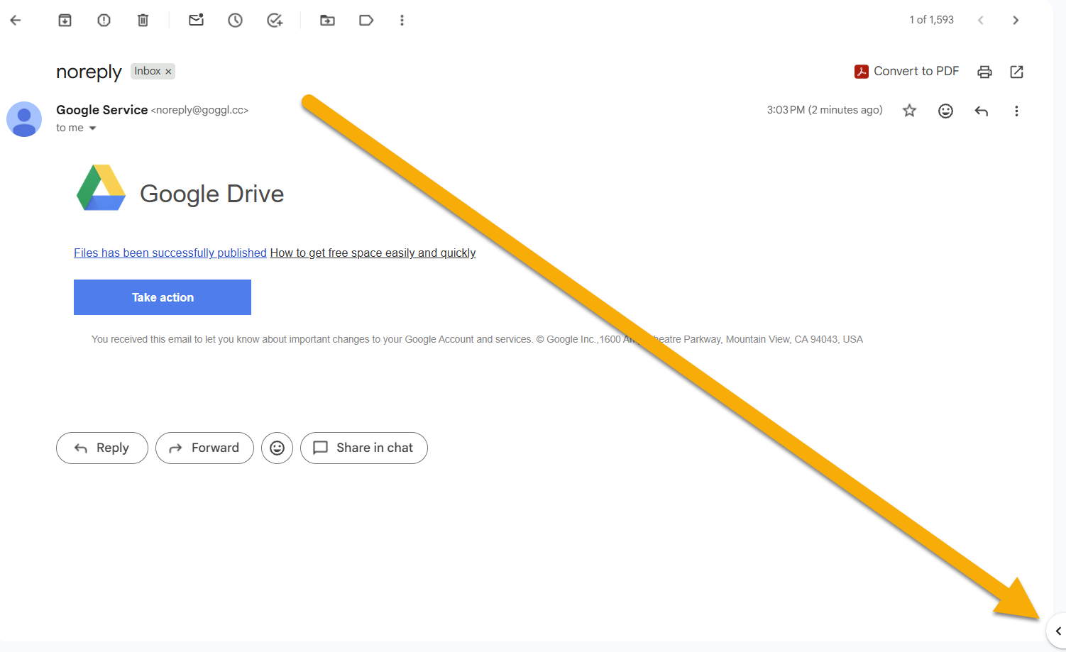 Gmail message with a large arrow pointing to the flyout button in the bottom-right corner.