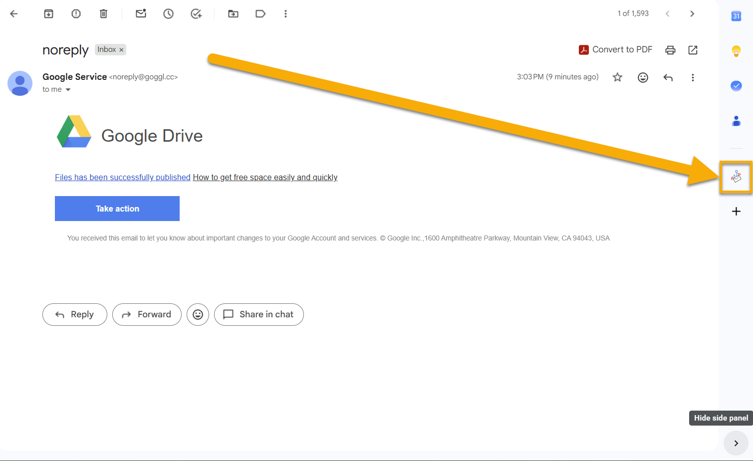 Gmail message with a large arrow pointing to the Report Suspicious button in the middle of the far right side of the screen.