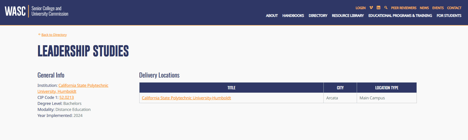 WASC website showing Leadership Studies, Cal Poly State Polytechnic-Humboldt