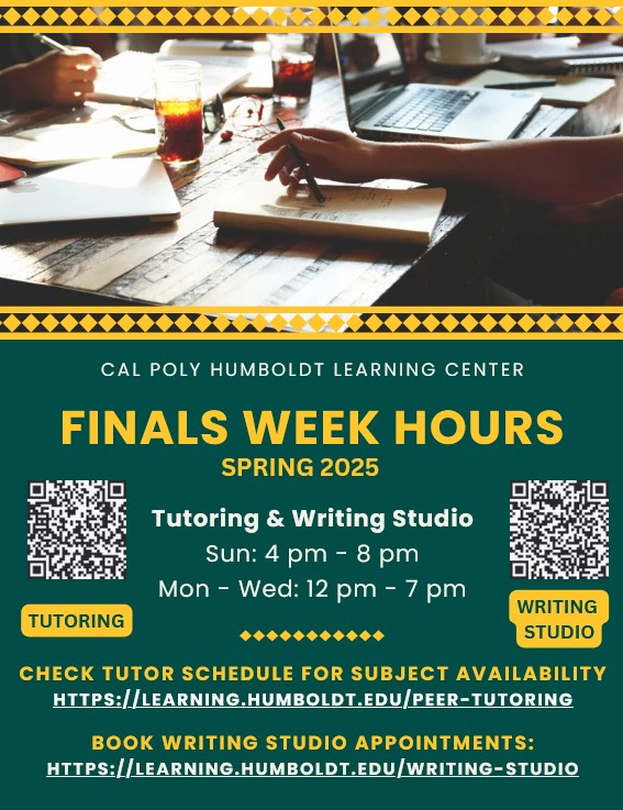 Spring 2025 Finals Week Hours; 4 pm to 8 pm Sunday May 11; 12 pm to 7 pm Monday through Wednesday May 12 to 14.