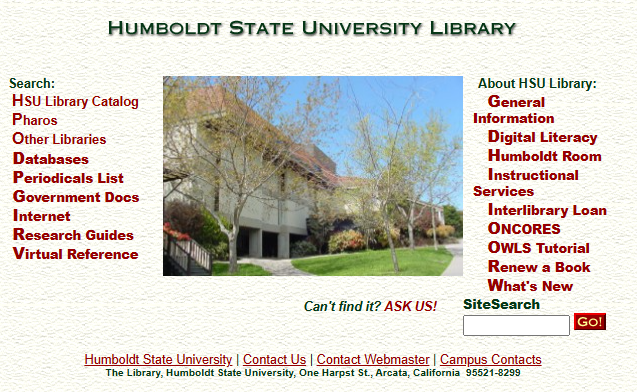 screenshot of Library homepage F2001