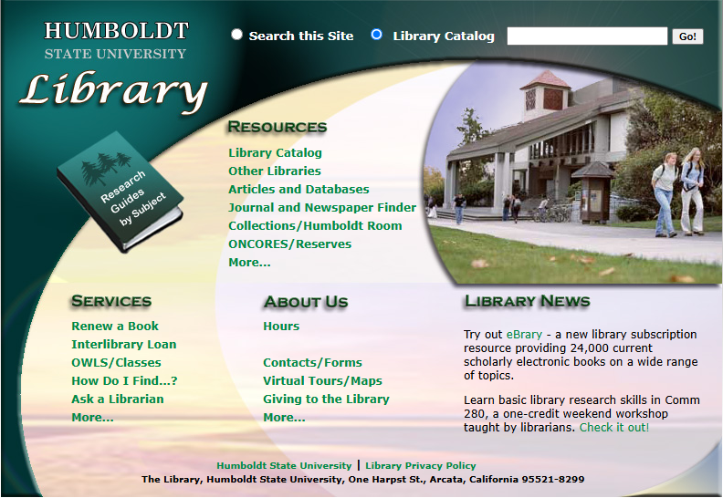 screenshot of Library homepage 2005