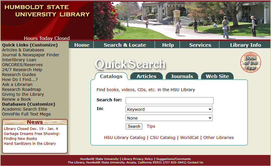 screenshot of Library homepage 2007
