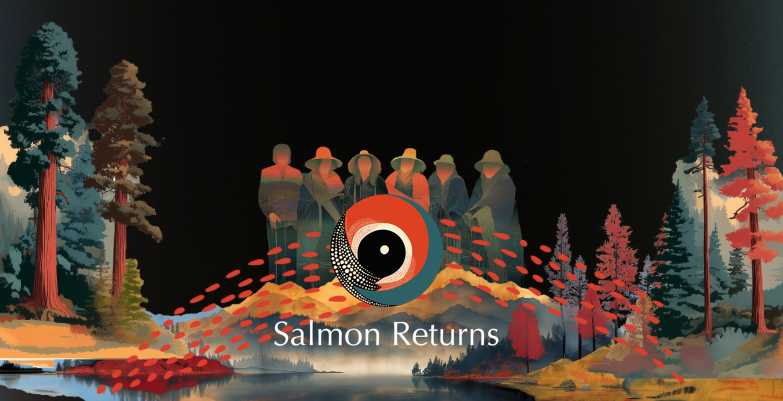 Salmon Returns Banner that has people standing together in the middle, a salmon egg between them, and trees and greenery surrounding them