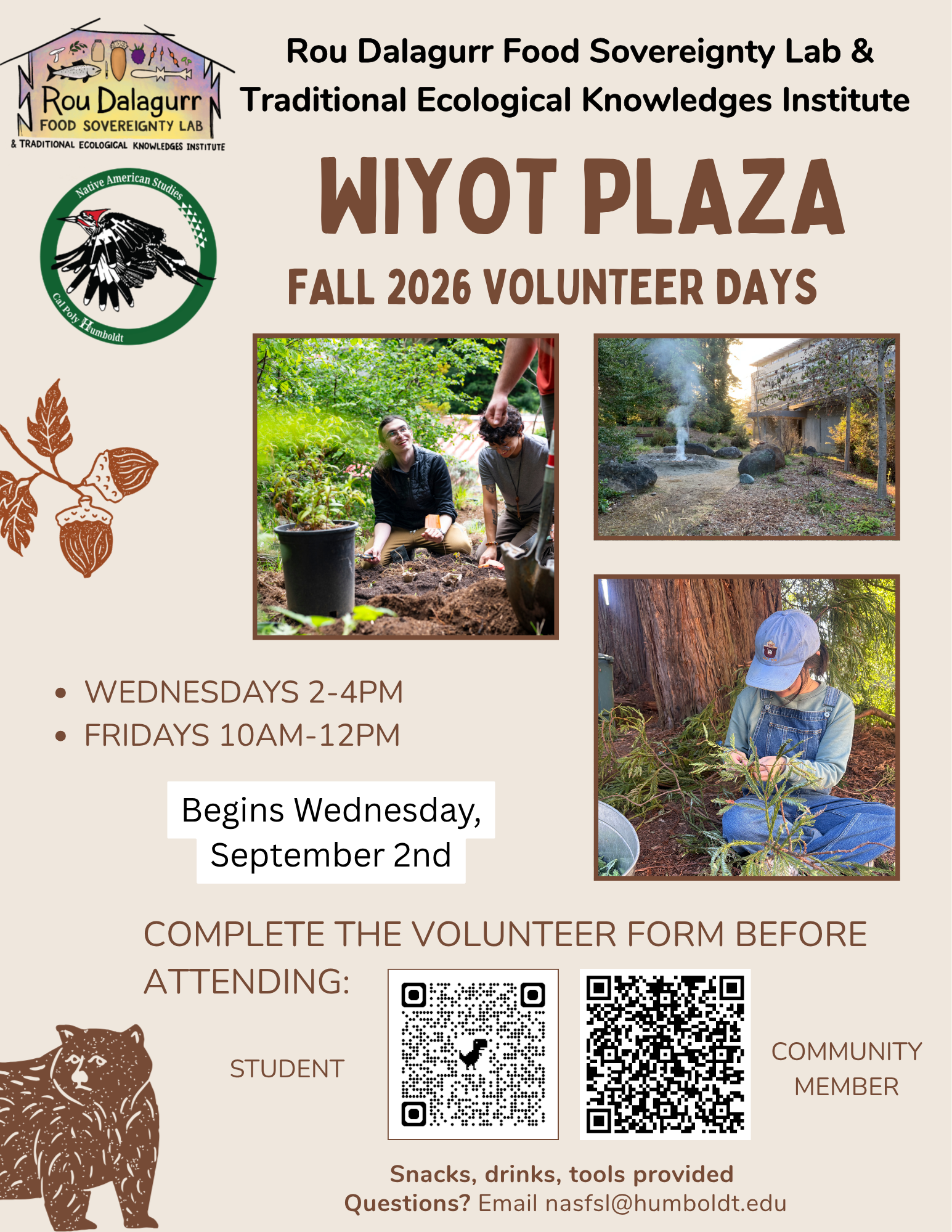 Flyer for Wiyot Plaza Volunteer Days for Fall 2026