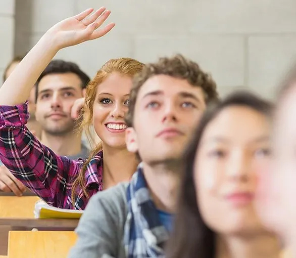 Student raising their hand in a row of students in desks