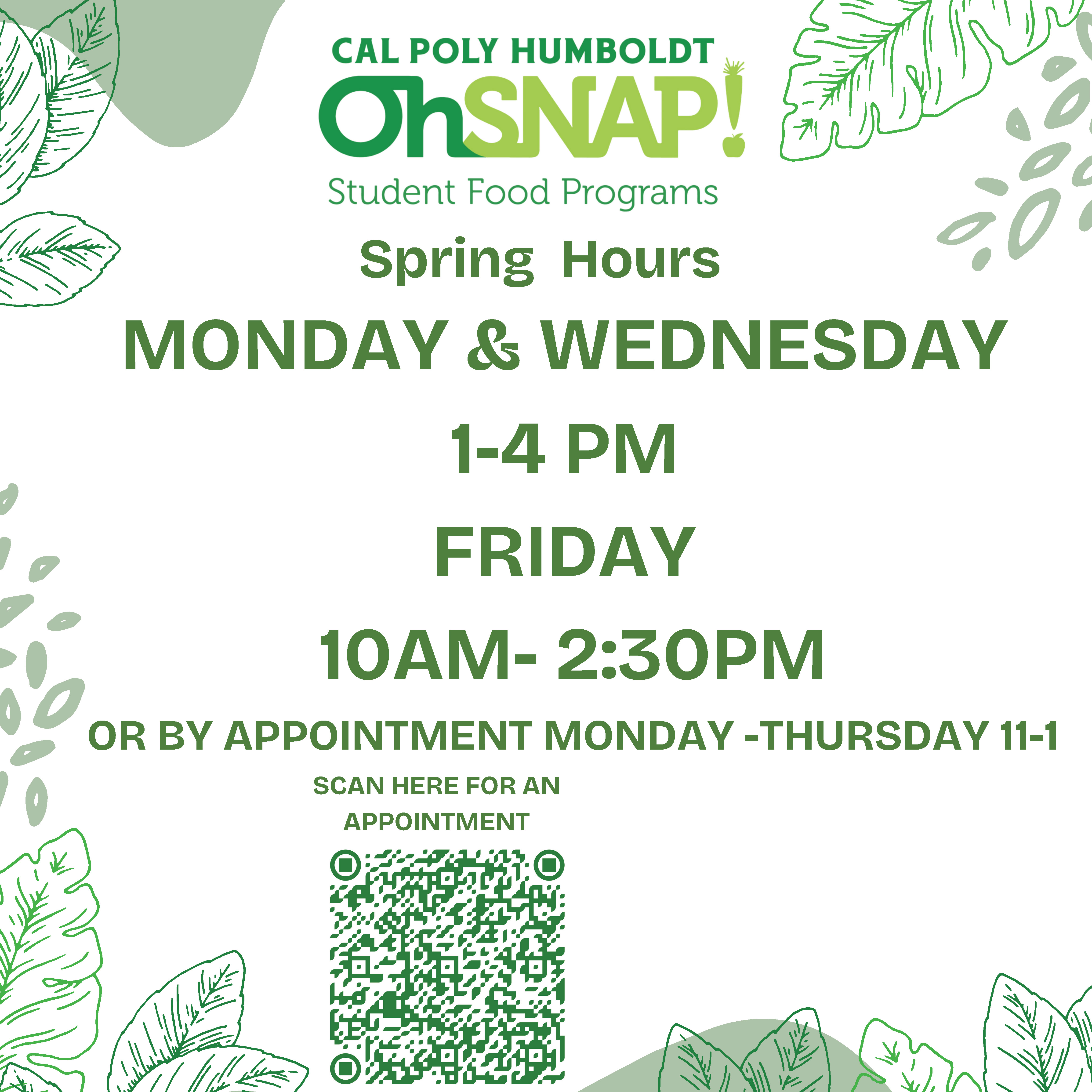Green and yellow flyer for OhSNAP! Advertising their Spring Semester hours which are Monday and Wednesday from 1-4pm, Friday from 10am - 2:30pm, or by appointment Monday through Thursday from 11-1.