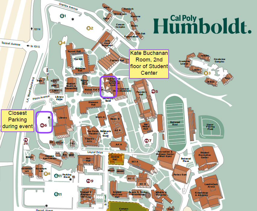 Campus map showing locations of parking closest to event (library circle) and event venue (Kate Buchanan Room, 2nd floor of Student Center)