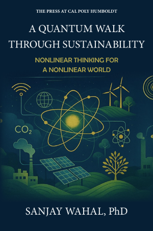 an atom in the center surrounded by windmills, solar panels, and trees