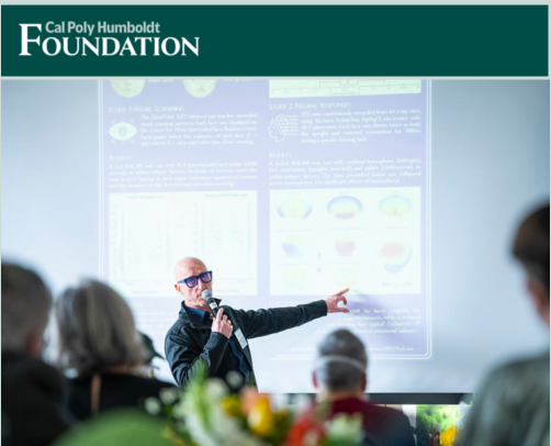 Cal Poly Humboldt Foundation logo and image of professor talking into a microphone pointing to a wall