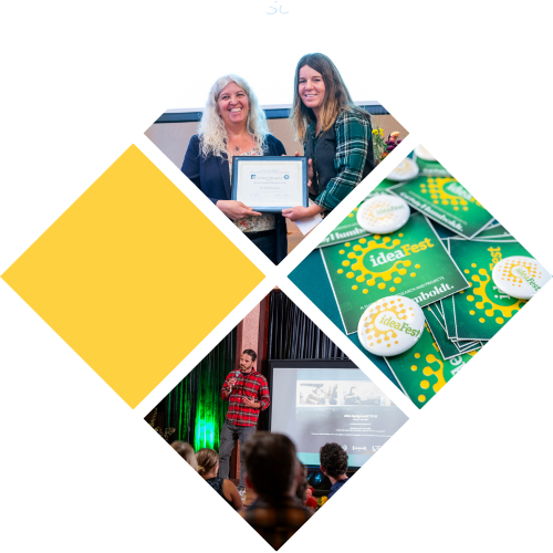 Photo from SPF PI Research Celebration shows Dave Janetta giving presentation on his documentary film, ideaFest photo shows event logo on buttons and leaflets, and McCrone award reception photo shows a researcher accepting their award from their nominator. 