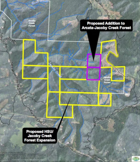 Map of Cal Poly Humboldt's Jacoby Creek Forest's expansion and proposed addition. 