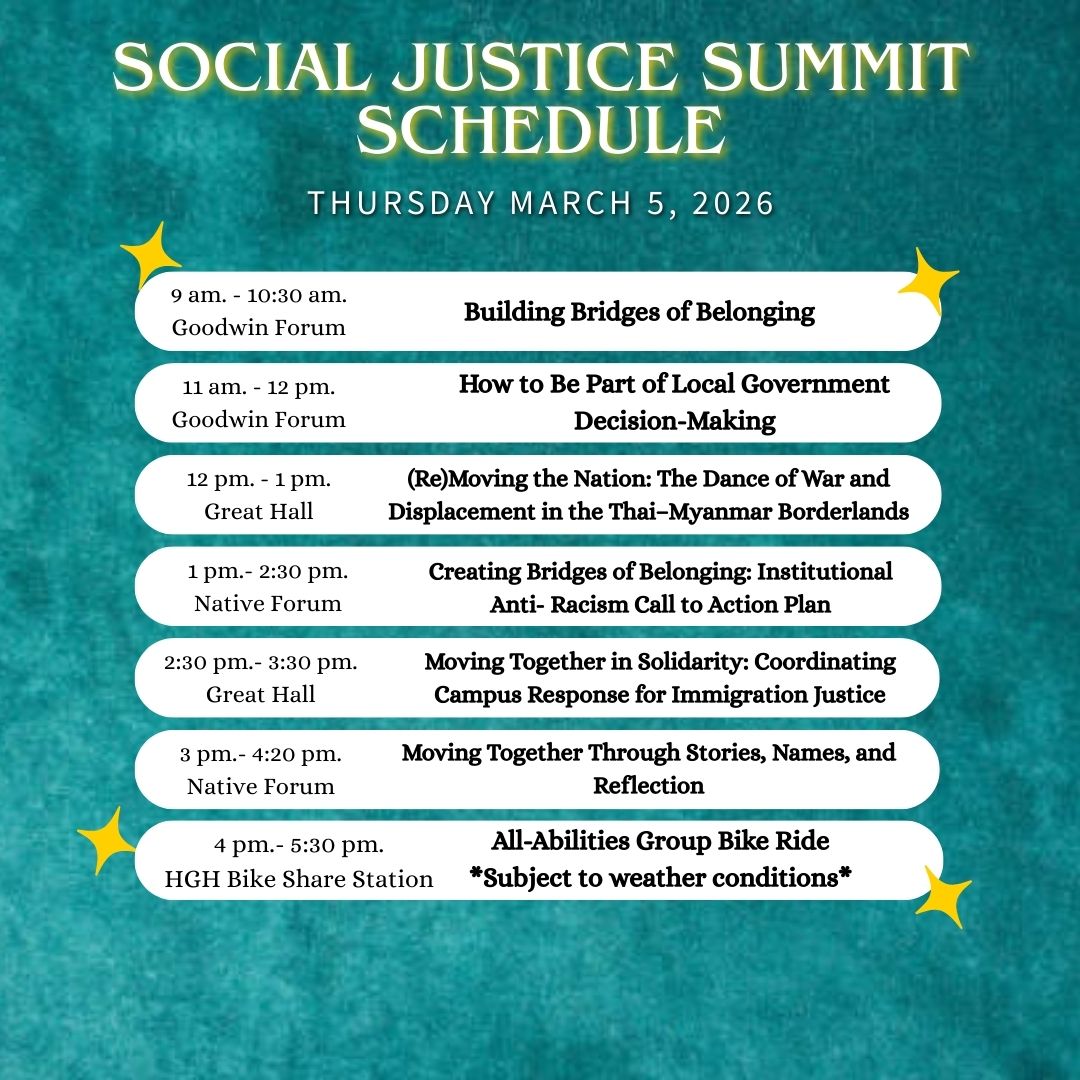 Thursday March 5, 2026 Social Justice Summit Schedule - Full List can be found here https://docs.google.com/document/d/12_dcFFD9Rx0ytWafkGmkgpscfL7dzbGzm24Ka0QonsY/edit?usp=sharing