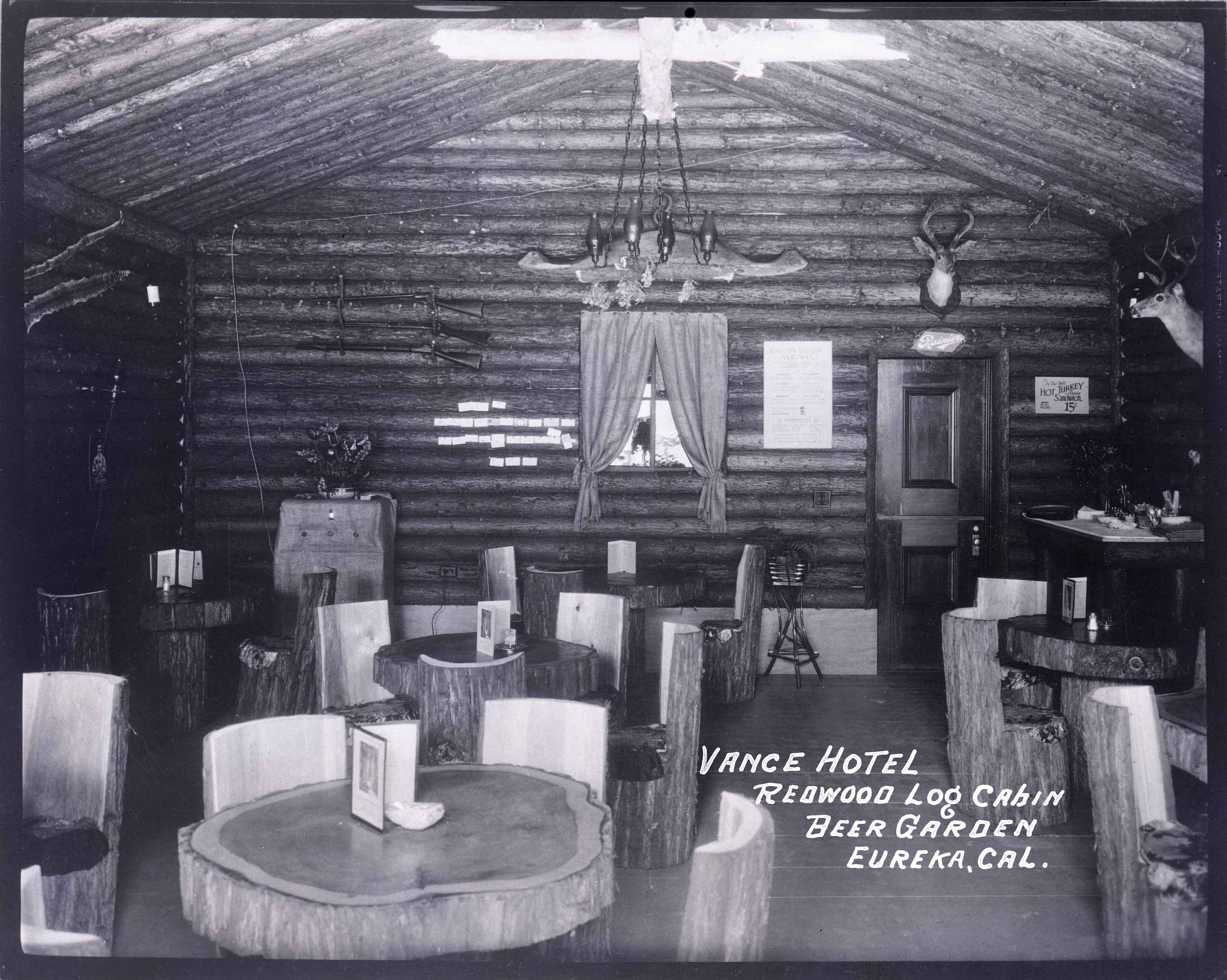 Interior of log cabin restaurant