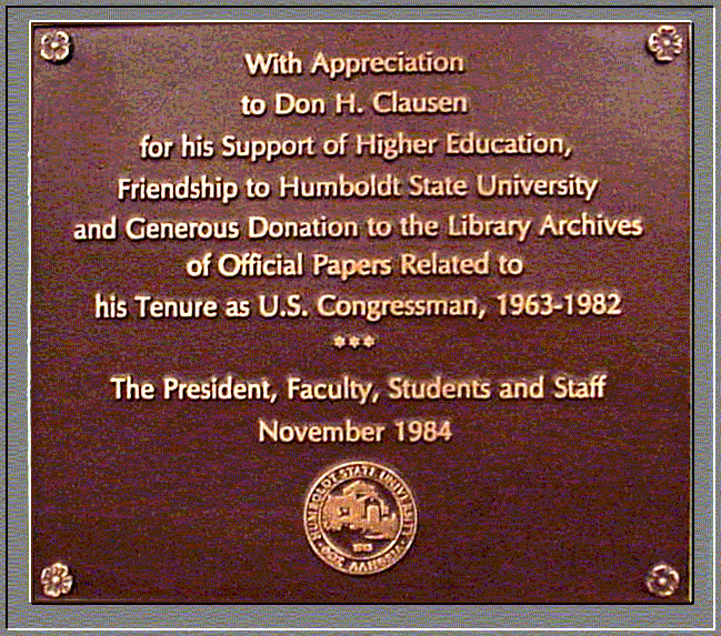 Plaque given to Don Clausen by HSU Plaque given to Don Clausen by HSU