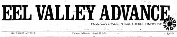 Masthead for the Eel Valley Advance newspaper Masthead for the Eel Valley Advance newspaper
