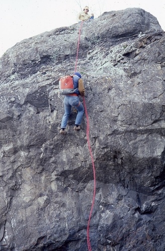 A rock climber at Moonstone Beach in 1979