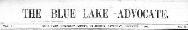 Masthead for the Blue Lake Advocate newspaper