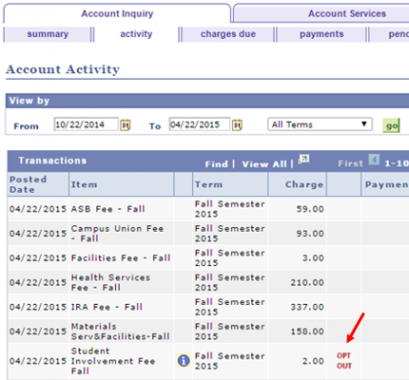 Account Activity Page with example of what it will look like for the average student with Student involvement item highlighted