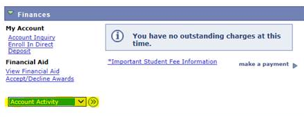 Student Finance Page with Account Activity highlighted