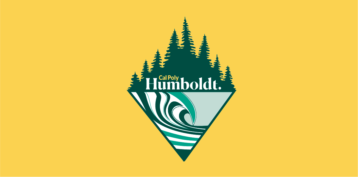 Cal Poly Humboldt tree, waves, and sky design on a yellow background
