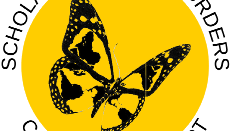 The words "Scholars Without Borders Cal Poly Humboldt" surround an image of a butterfly on a yellow background