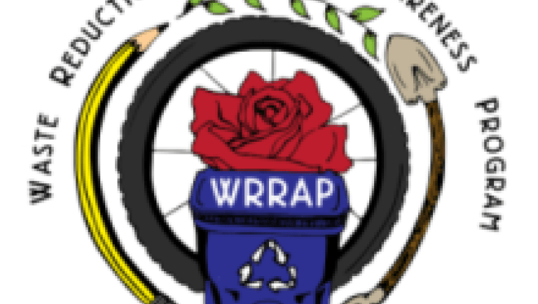 "Waste Reduction Resource Awareness Program" surrounding image of recycling bin, pencil, leaves, rose, bike tire, shovel
