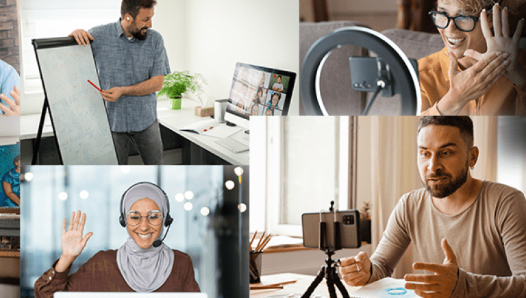Collage of educators teaching online
