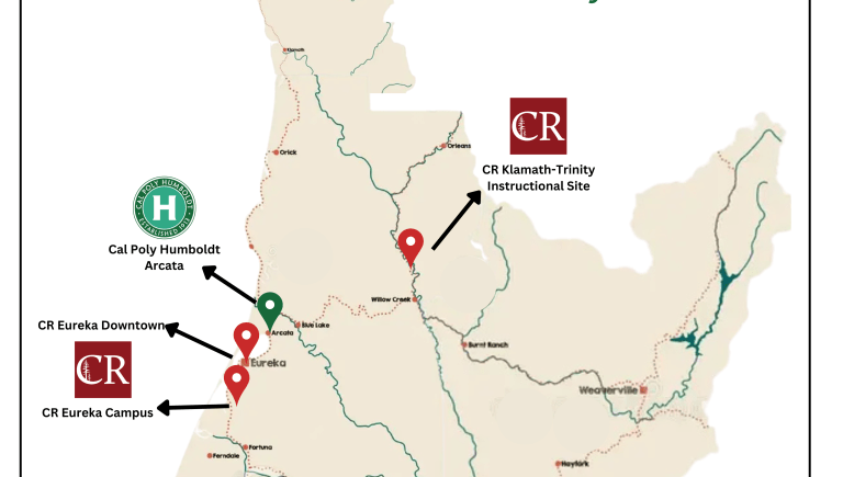 Map of College of the Redwoods campuses near Cal Poly Humboldt