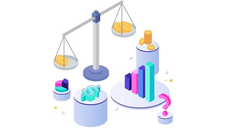 scales with coins, dollar sign, bar and pie graphs