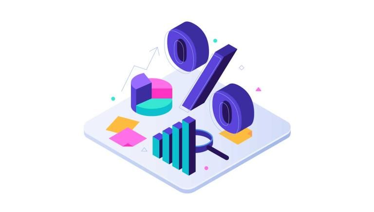 bar graph, pie chart, and percent sign