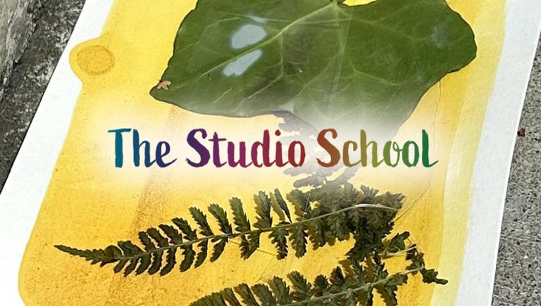 The Studio School - paper with yellow watercolor and fern/ivy leaves