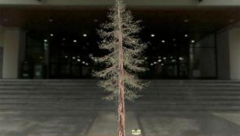 A 3d-modelled tree in front of the library stairs