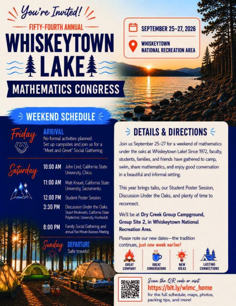 You're Invited! FIFTY-FOURTH ANNUAL WHISKEYTOWN LAKE MATHEMATICS CONGRESS on SEPTEMBER 25-27, 2026 at WHISKEYTOWN NATIONAL RECREATION AREA