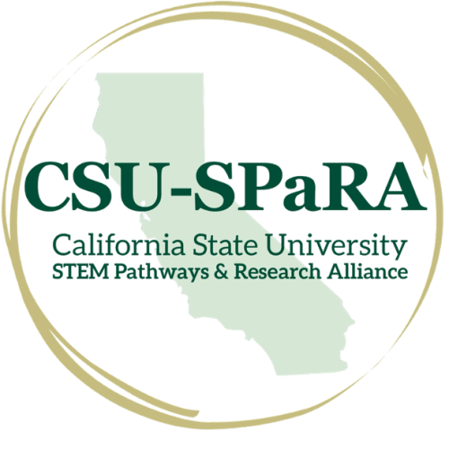 A gold circle with an image of California with text overlay, CSU-SPaRA California State University STEM Pathways & Research Alliance