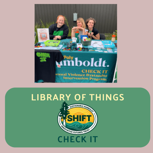 Image shows three students sitting at a table for the organization "Check It". They are smiling. At the bottom is a rounded turquoise button with the words "Library of Things - Check It" and the SHIFT logo. Images are set against a light mauve background.