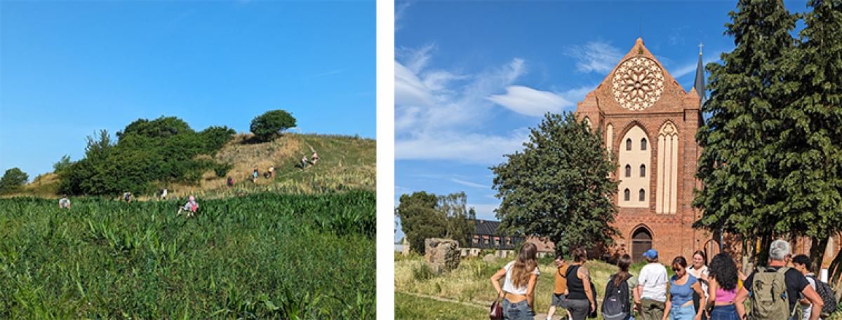 Grassy field with plateau, and people standing in front of an old church
