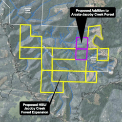 Map of Cal Poly Humboldt's Jacoby Creek Forest's expansion and proposed addition.