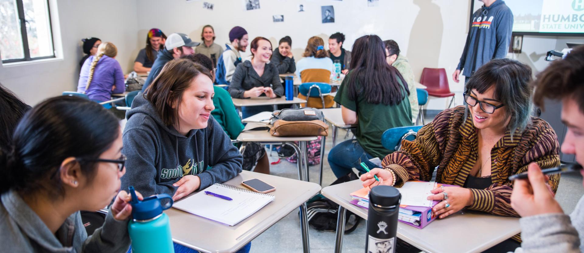 Students in class sitting a desks in groups