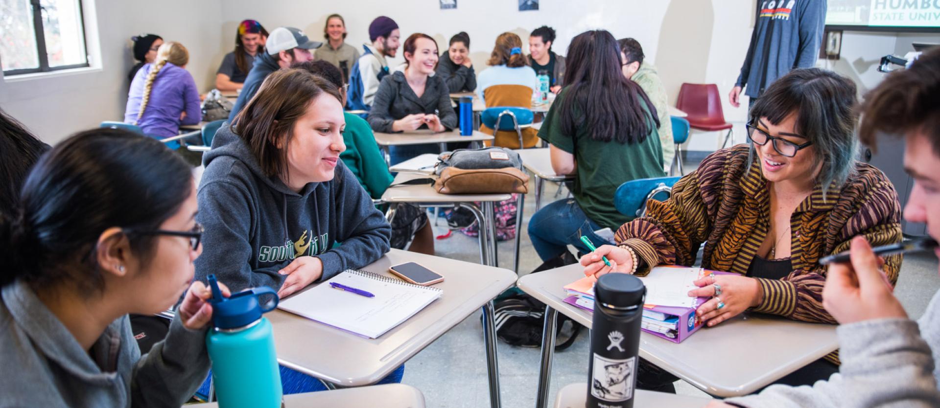 Students sitting at desks in class and in groups