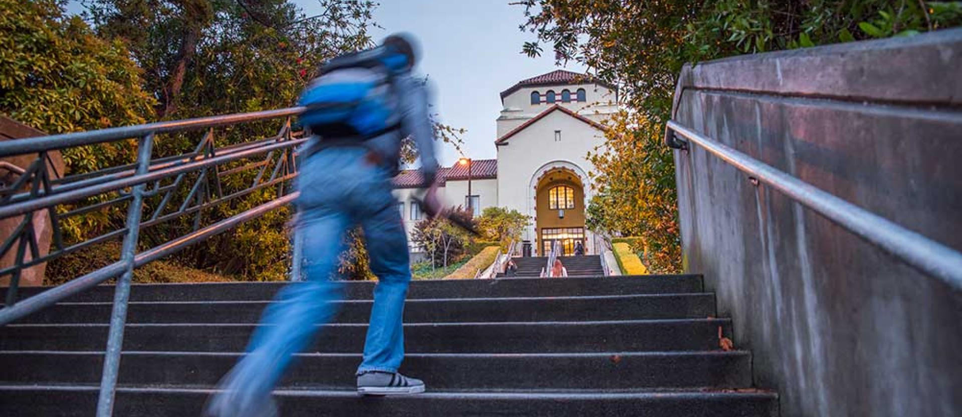 Climbing the stairs to Founders Hall