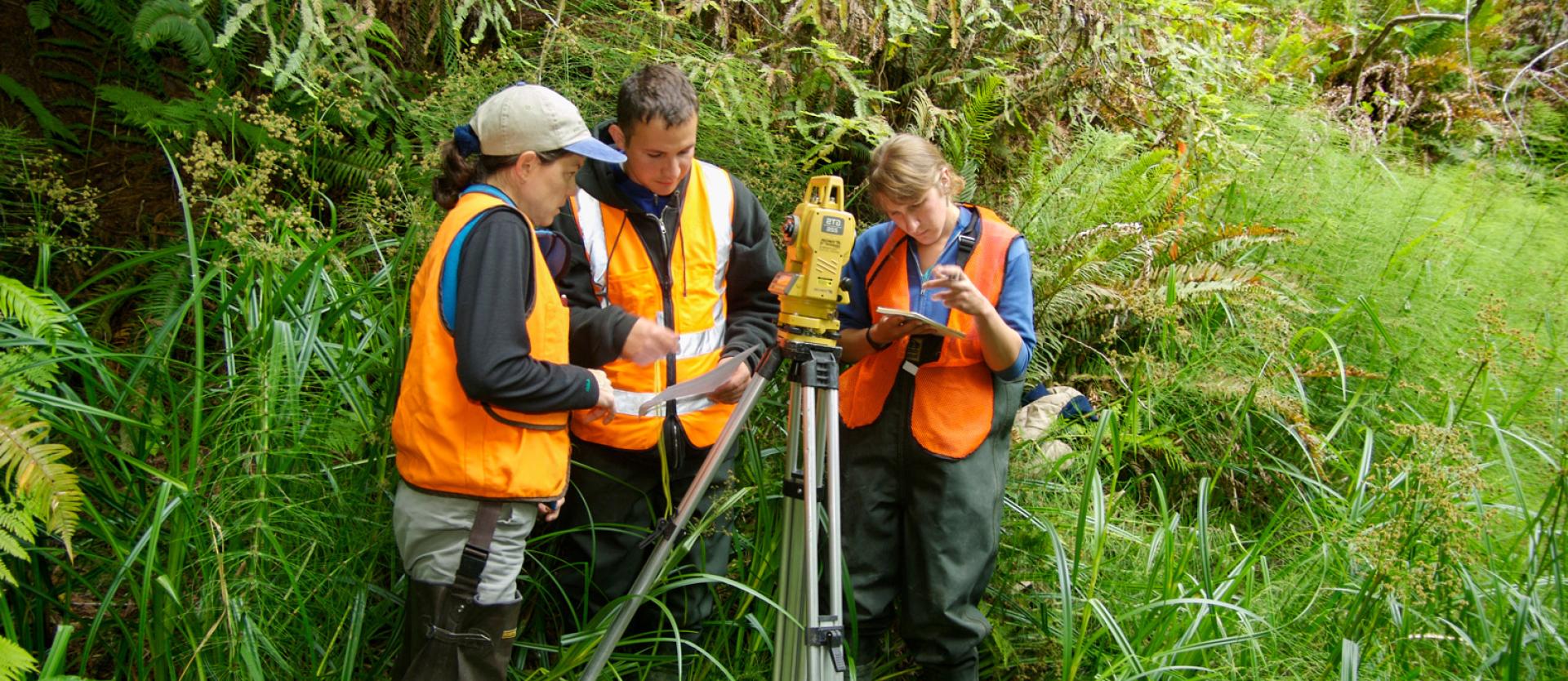 three students with orange vests looking at clipboards with a green background